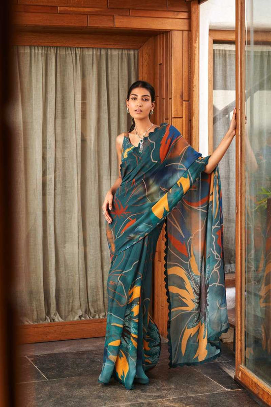 Soft Moss Silk Floral Printed Saree with Unstitched Blouse | Lightweight Summer Wear (Dark Green)