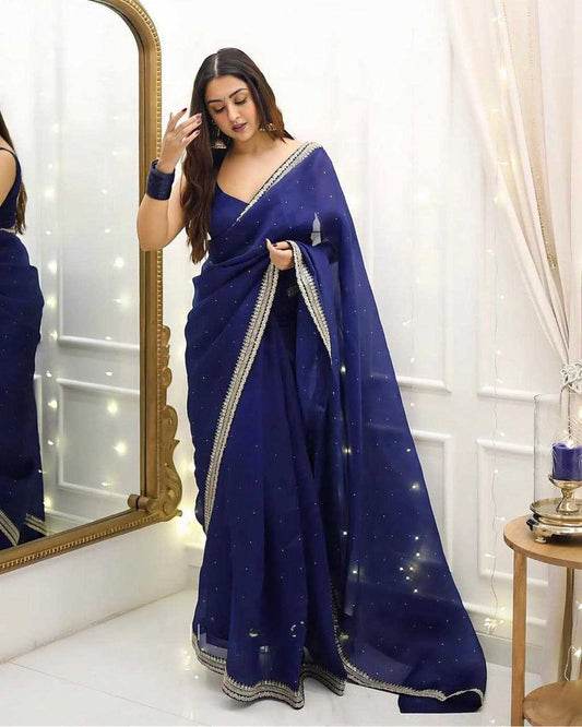 Blue Organza Silk Saree with Beads & Sequin Embellishments – Designer Party Wear - House of ViDi