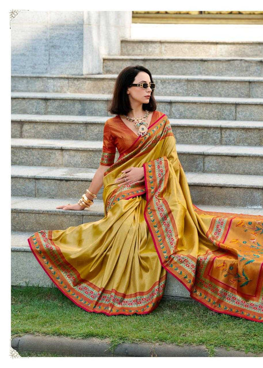 Tissue Silk Party Wear Saree | Elegant Weaving Border & Designer Pallu ✨ | Fancy Silk Saree for Festive Glamour (Mustard)