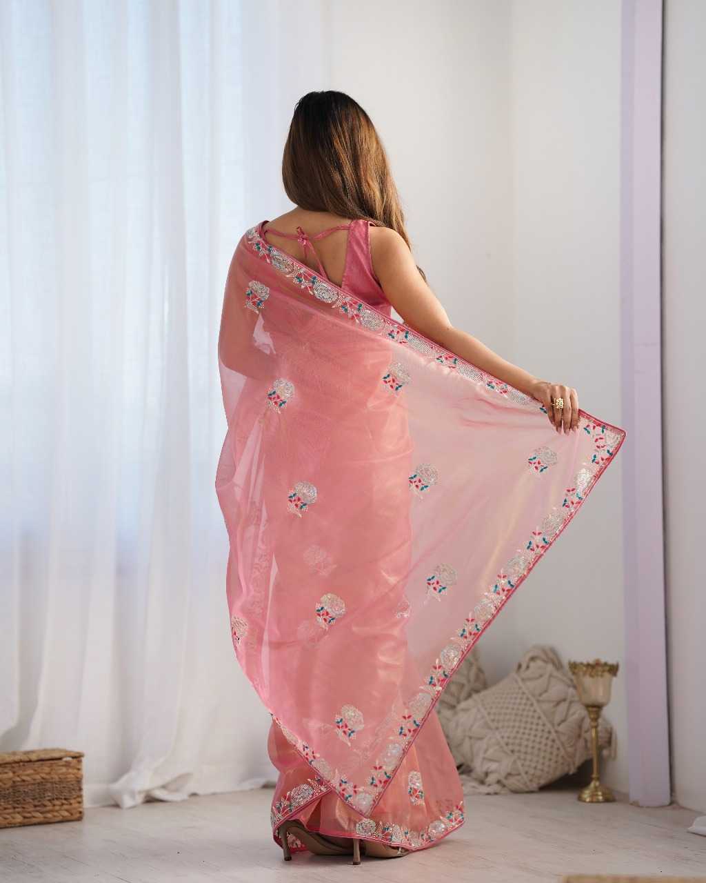 Designer Net Saree with Embroidered Border & Unstitched Banglori Silk Blouse – Party & Festive Wear (Peach)