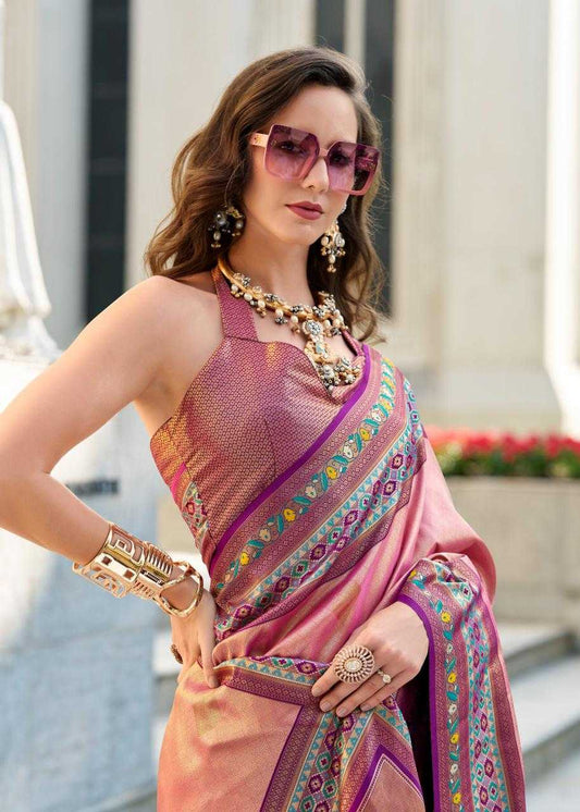 Tissue Silk Party Wear Saree | Elegant Weaving Border & Designer Pallu ✨ | Fancy Silk Saree for Festive Glamour (Onion)