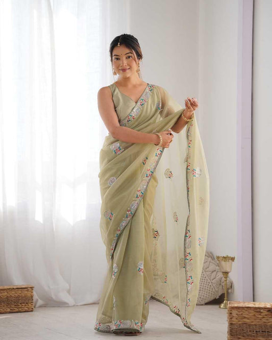 Designer Net Saree with Embroidered Border & Unstitched Banglori Silk Blouse – Party & Festive Wear (Mehandi) - House of ViDi