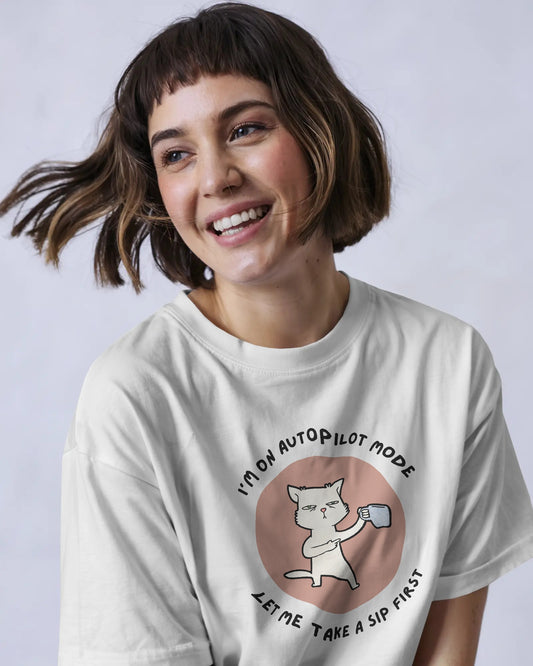 Autopilot Mode Cat Oversized T-shirt | Coffee Mood Tee - House of ViDi