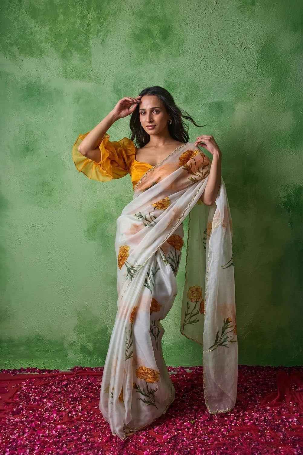 Premium Soft Tabby Floral Print Saree with Cutdana Handwork & Jalapari Silk Blouse
