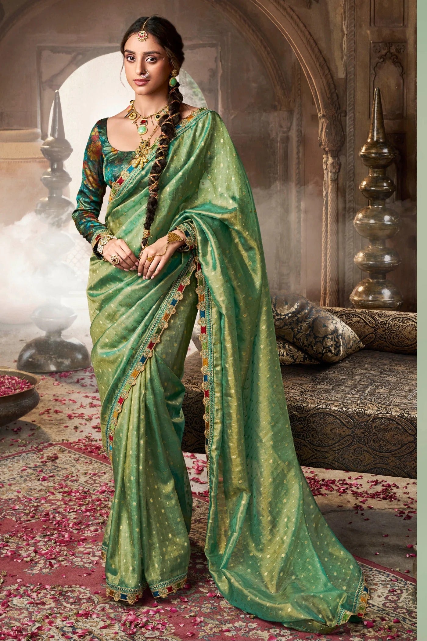 Green Pure Tissue Saree with Multicolored Lace & Heavy Designer Blouse | Premium Festive & Designer Saree