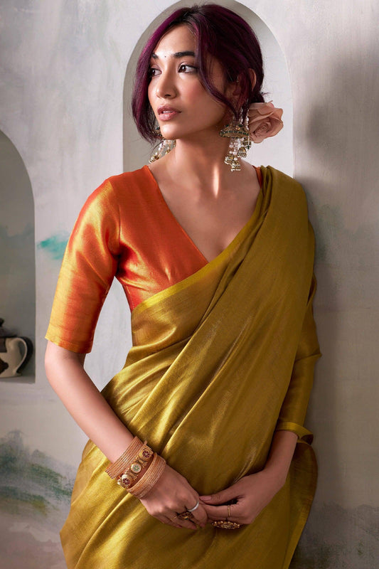 Golden Pure Handloom Tissue Silk Saree – Premium Designer Festive Wear Ensemble - House of ViDi