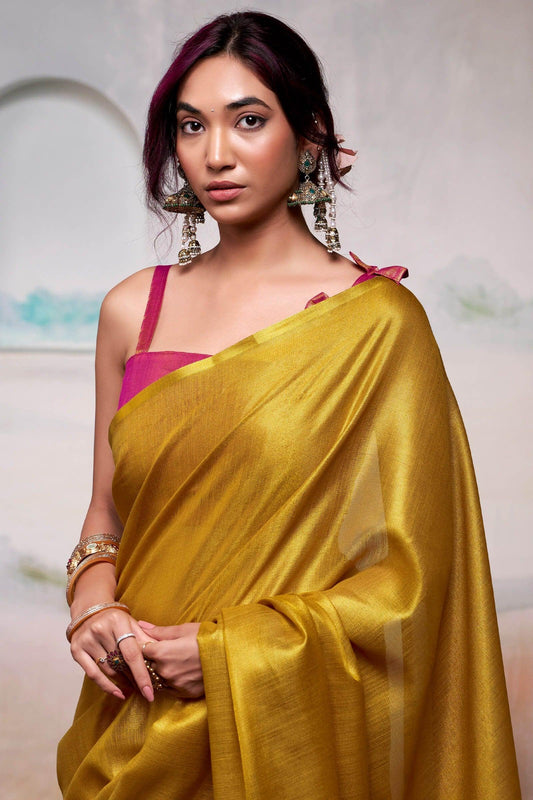Yellow Pure Handloom Tissue Silk Saree – Premium Designer Festive Wear Ensemble - House of ViDi