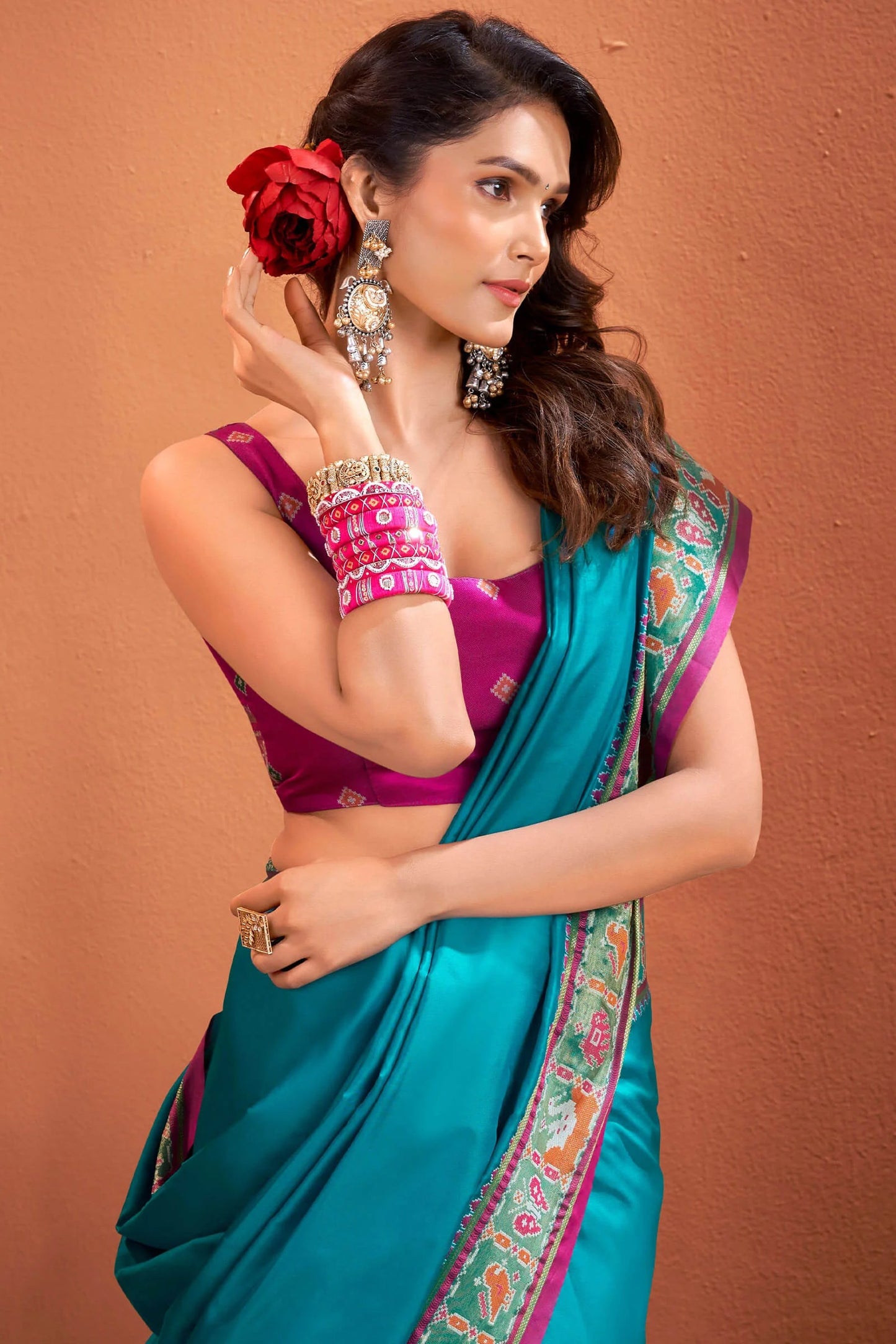 Firozi Patola Silk Saree with Traditional Weaving Border – Elegant Festive & Party Wear Saree