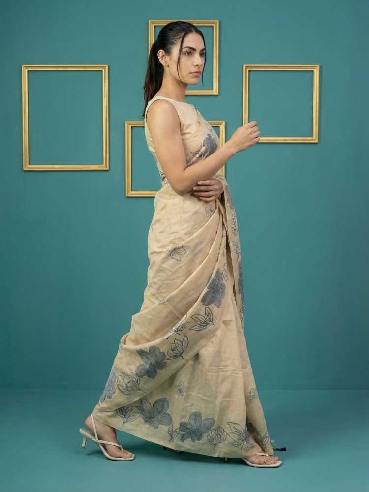 Off White Muga Cotton Saree with Resham Weaving & Floral Pencil Art - House of ViDi