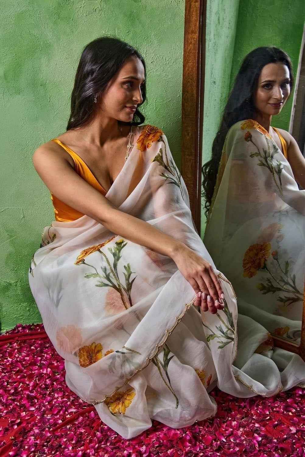 Premium Soft Tabby Floral Print Saree with Cutdana Handwork & Jalapari Silk Blouse