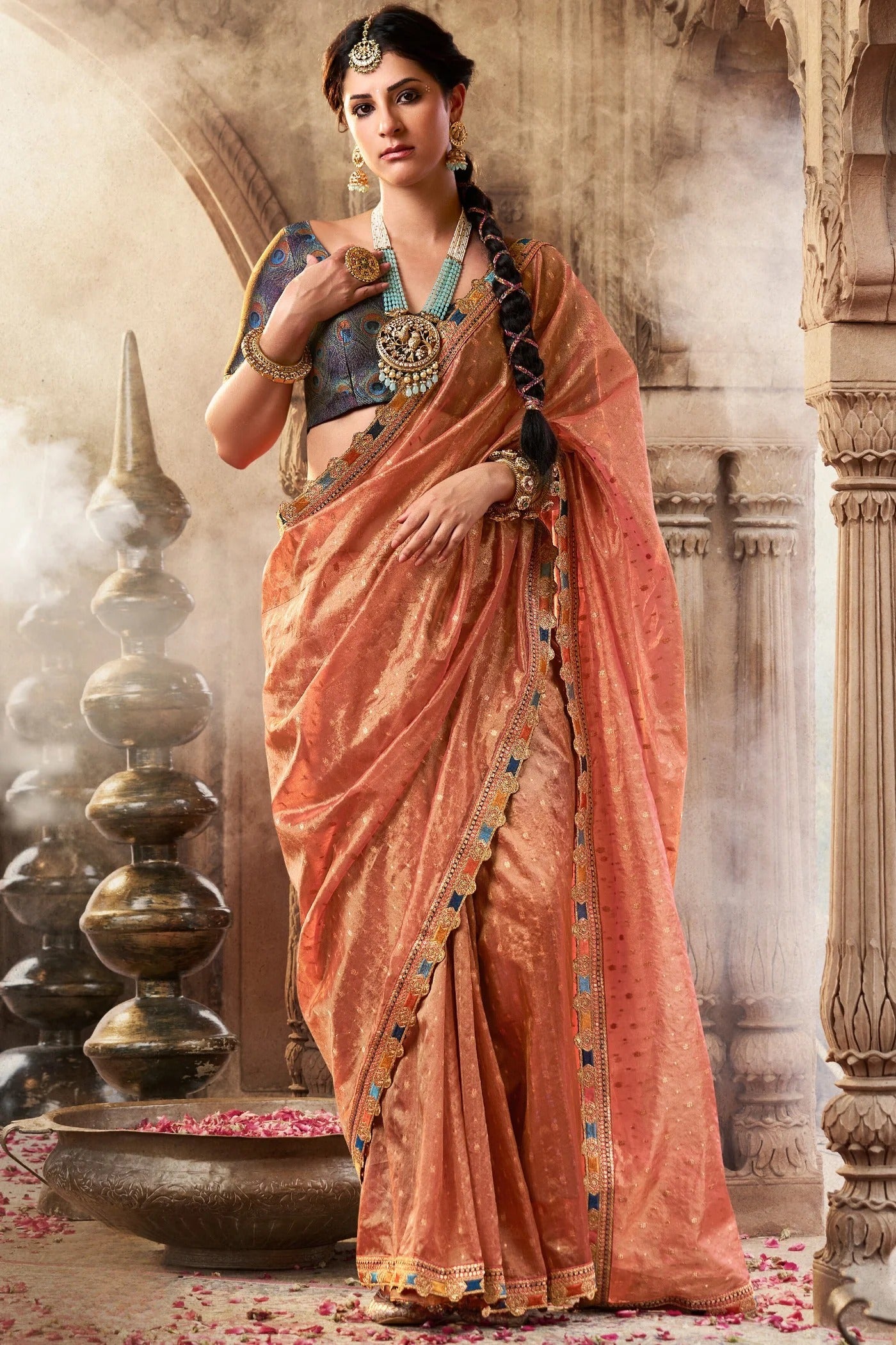 Beige Pure Tissue Saree with Multicolored Lace & Heavy Designer Blouse | Premium Festive & Designer Saree