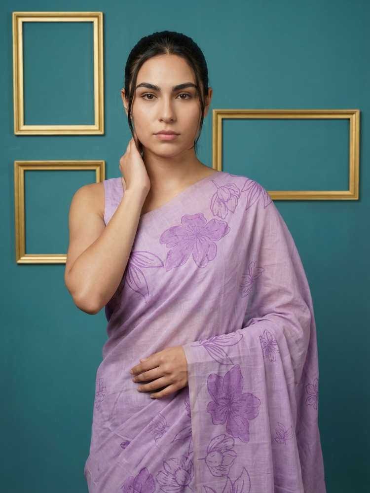 Lavender Muga Cotton Saree with Resham Weaving & Floral Pencil Art - House of ViDi