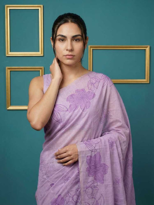 Lavender Muga Cotton Saree with Resham Weaving & Floral Pencil Art