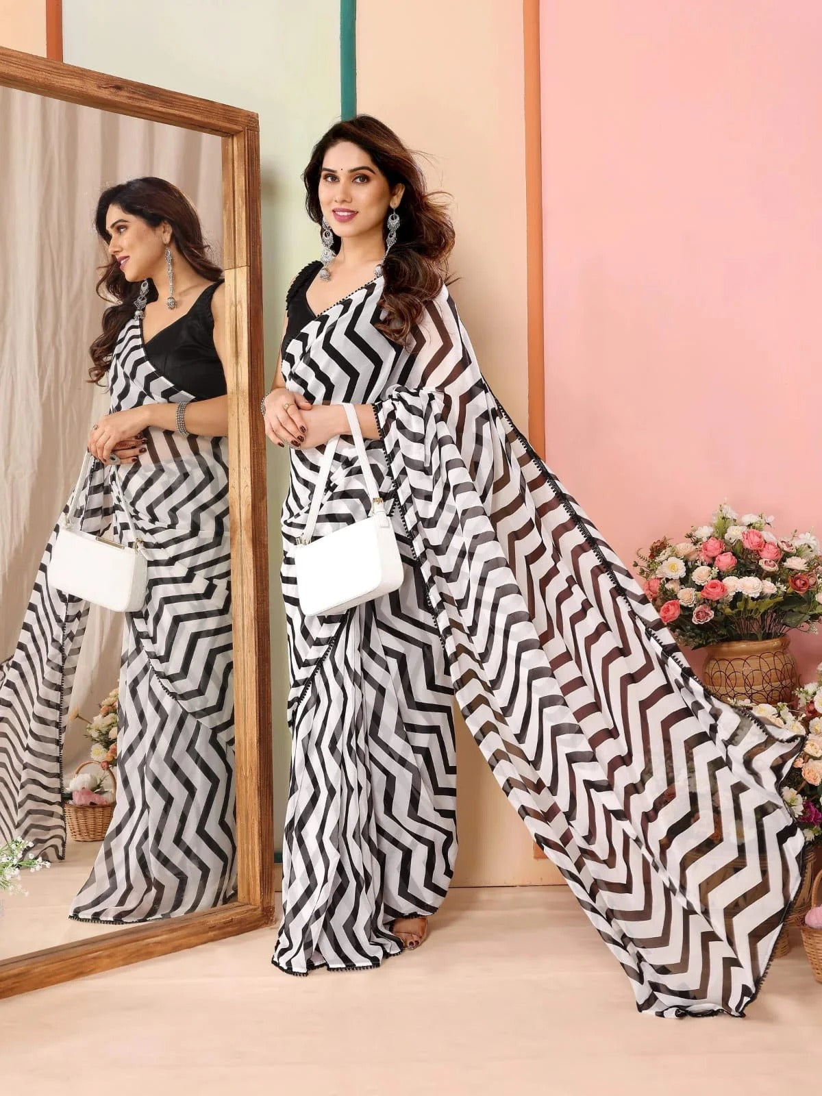 Black & White Striped Georgette Ready-to-Wear Saree with Unstitched Blouse | Trendy Printed Saree