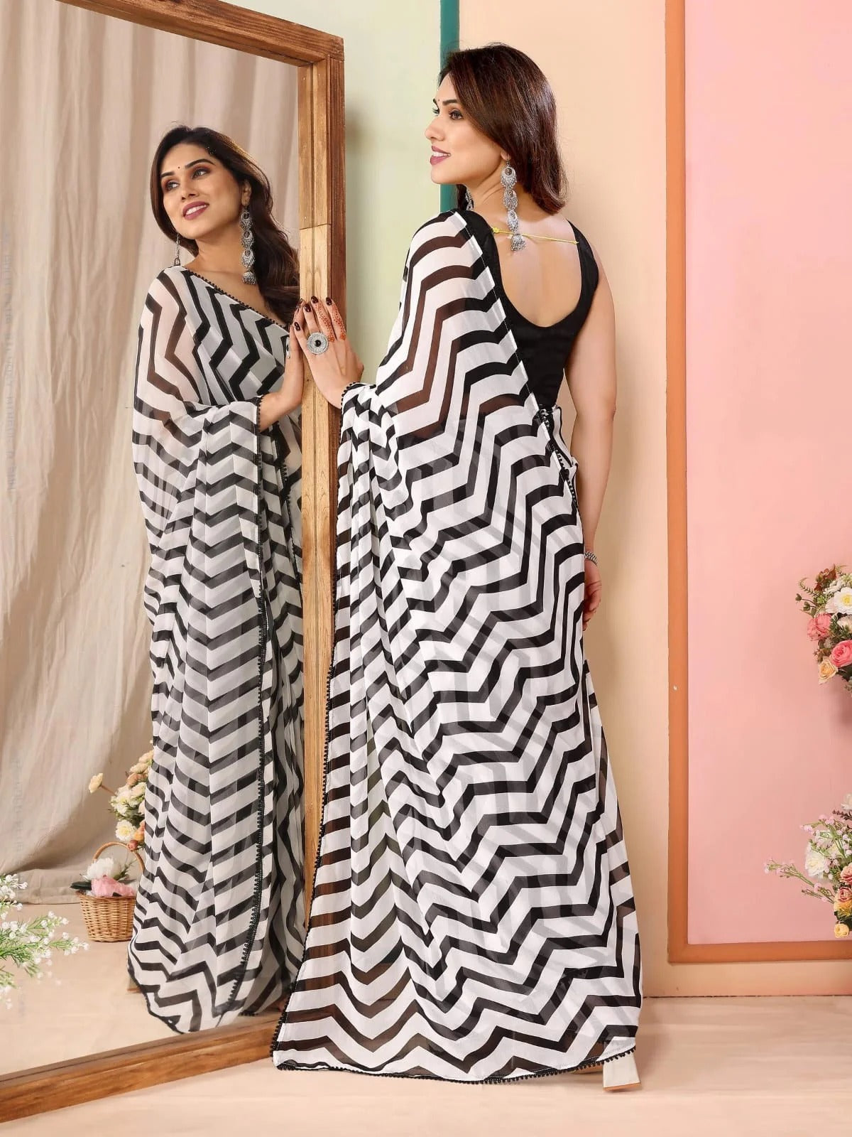Black & White Striped Georgette Ready-to-Wear Saree with Unstitched Blouse | Trendy Printed Saree