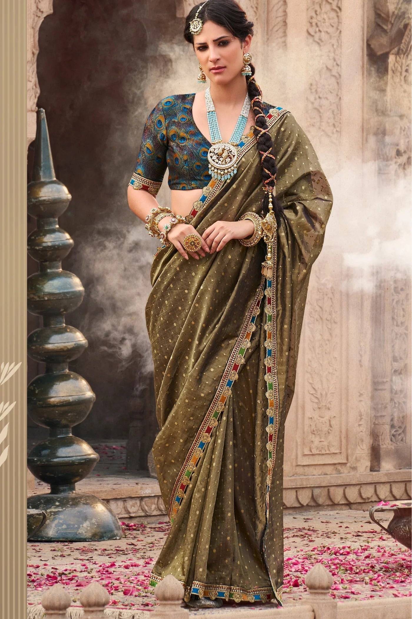 Grey Pure Tissue Saree with Multicolored Lace & Heavy Designer Blouse | Premium Festive & Designer Saree