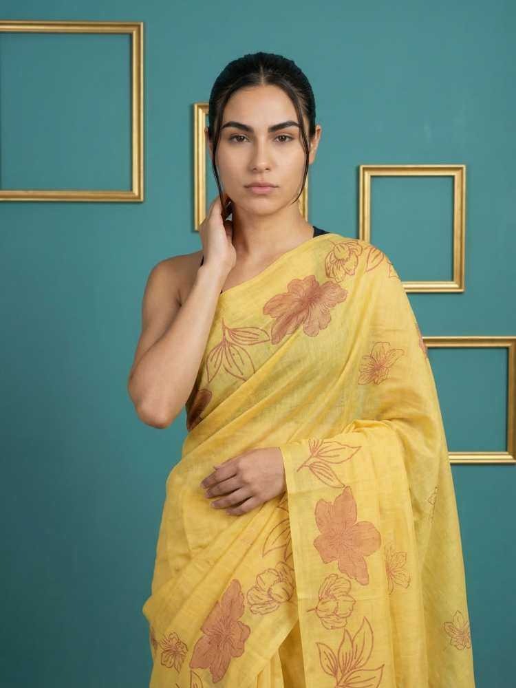 Yellow Muga Cotton Saree with Resham Weaving & Floral Pencil Art - House of ViDi
