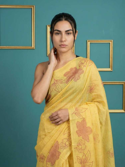 Yellow Muga Cotton Saree with Resham Weaving & Floral Pencil Art