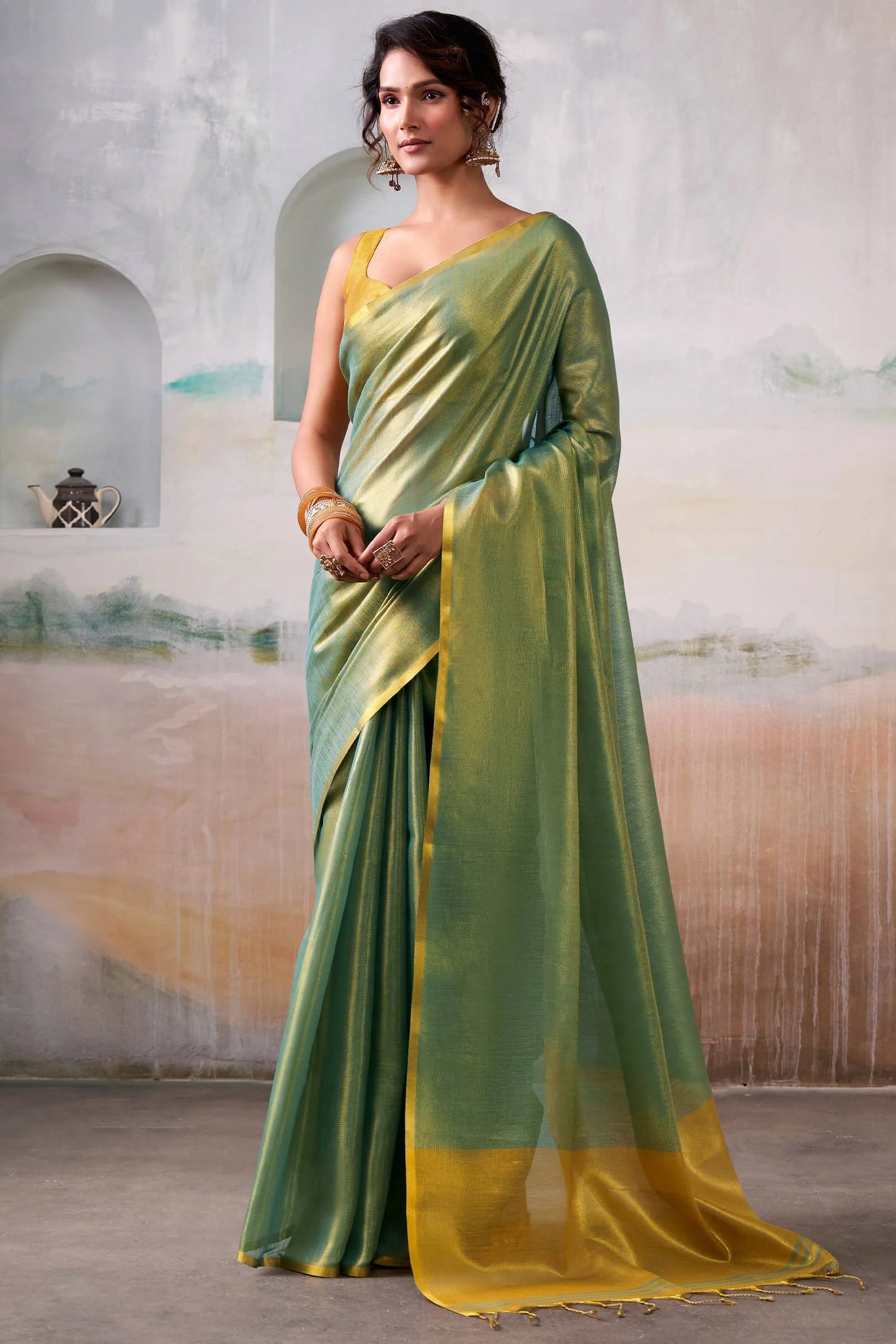 Pista Pure Handloom Tissue Silk Saree – Premium Designer Festive Wear Ensemble