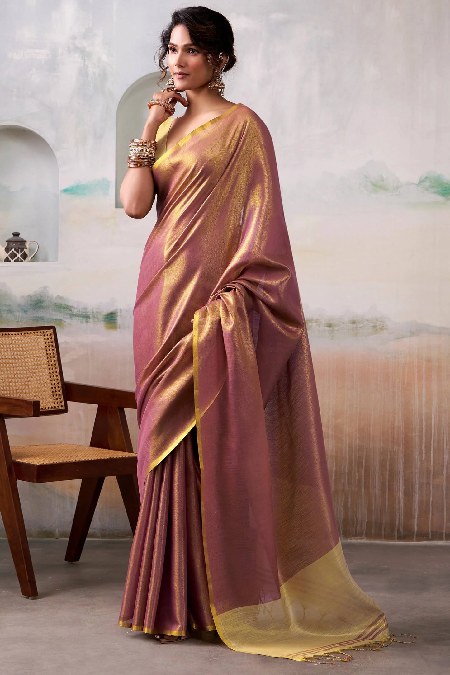 Dusty Pink Pure Handloom Tissue Silk Saree – Premium Designer Festive Wear Ensemble