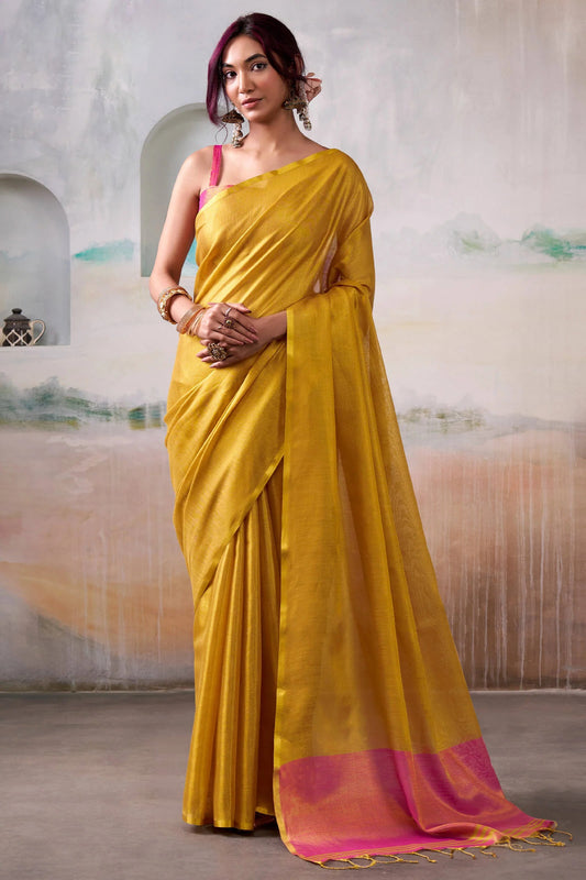 Yellow Pure Handloom Tissue Silk Saree – Premium Designer Festive Wear Ensemble