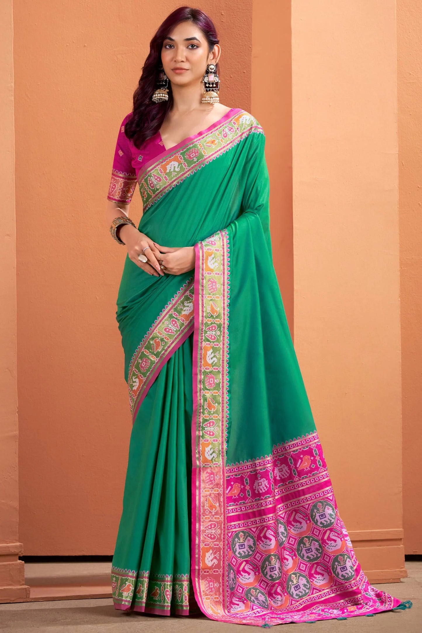 Green Patola Silk Saree with Traditional Weaving Border – Elegant Festive & Party Wear Saree