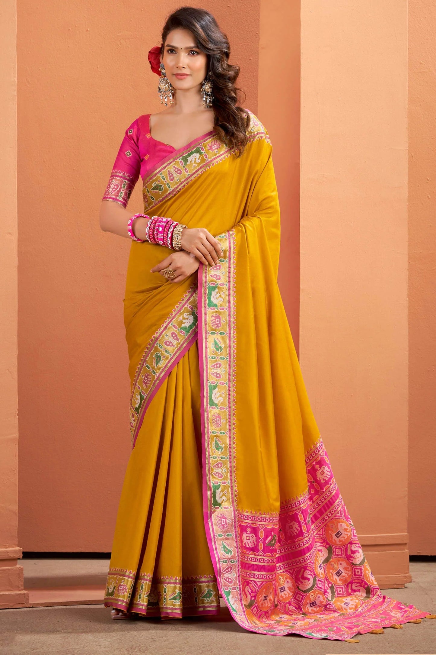 Mustard Patola Silk Saree with Traditional Weaving Border – Elegant Festive & Party Wear Saree