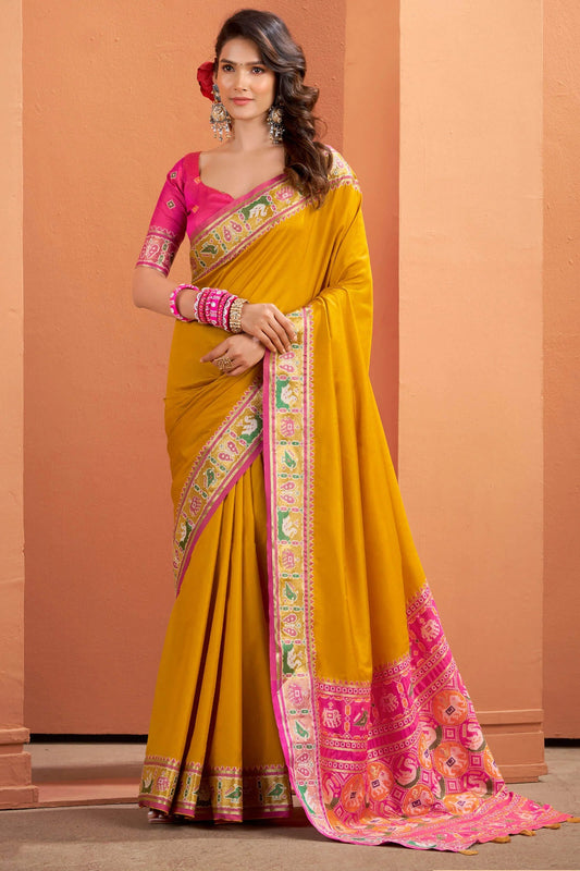 Mustard Patola Silk Saree with Traditional Weaving Border – Elegant Festive & Party Wear Saree