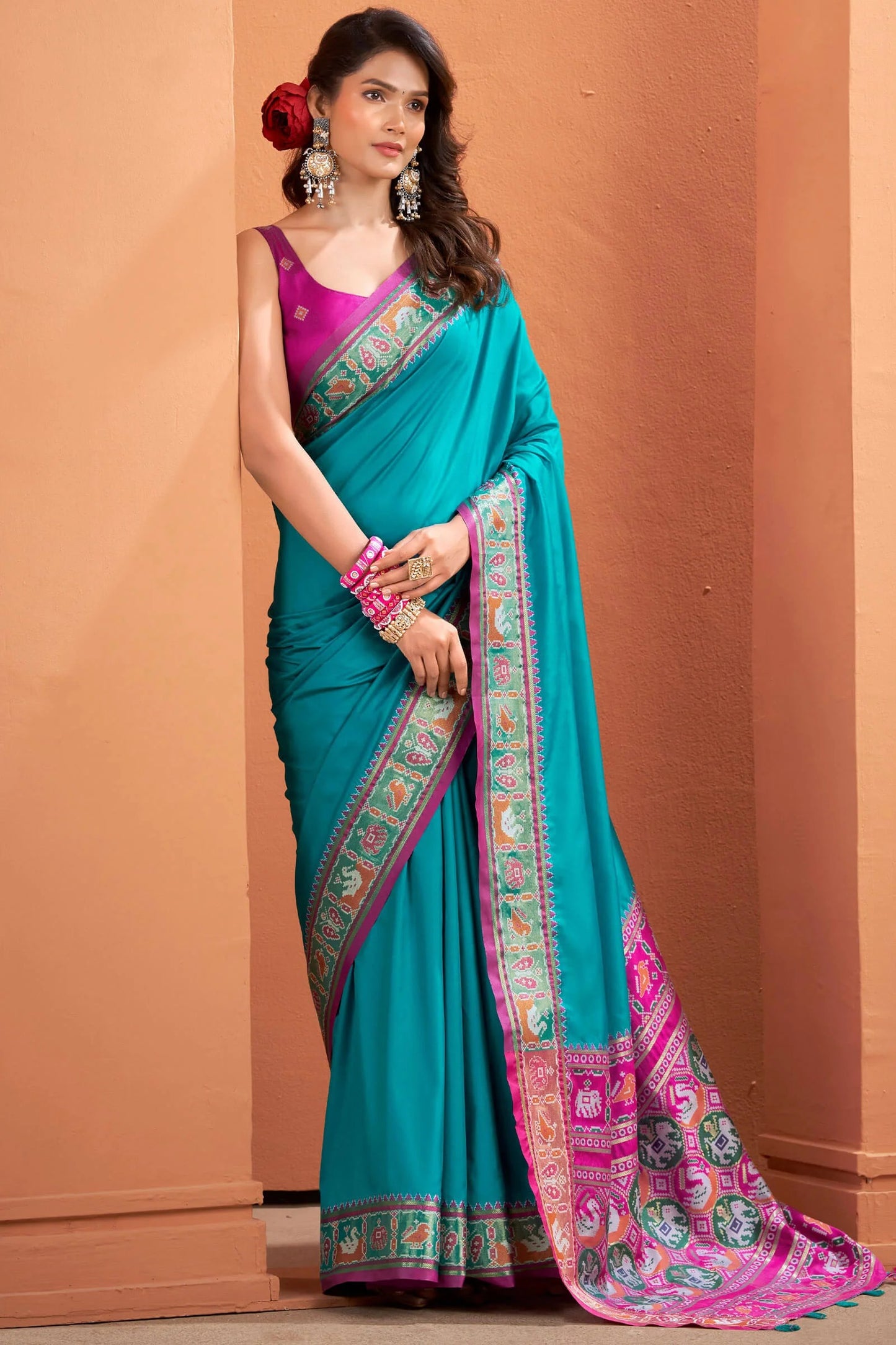 Firozi Patola Silk Saree with Traditional Weaving Border – Elegant Festive & Party Wear Saree