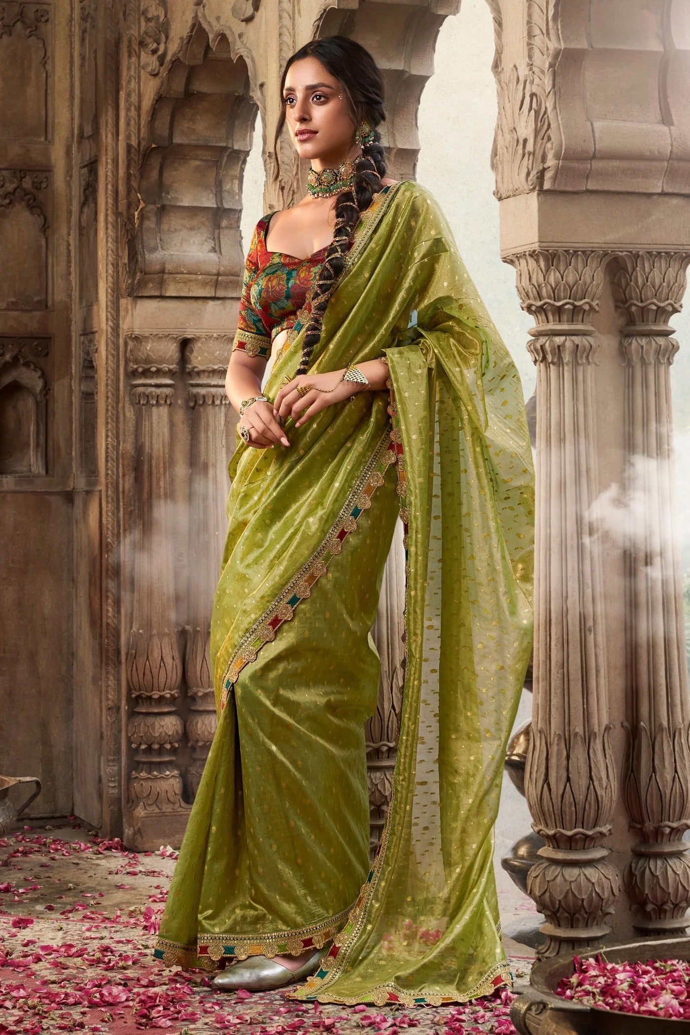 Light Green Pure Tissue Saree with Multicolored Lace & Heavy Designer Blouse | Premium Festive & Designer Saree