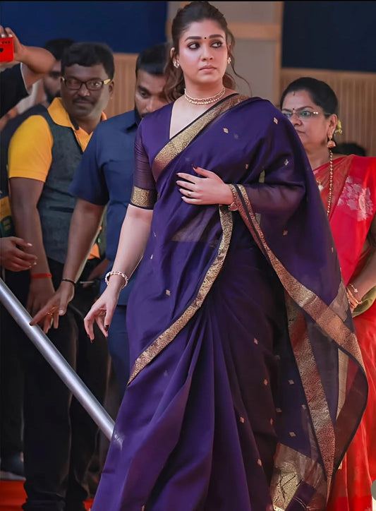 Nayanatara Royal Purple Traditional Pure Maheshwari Handwoven Buti Saree - House of ViDi