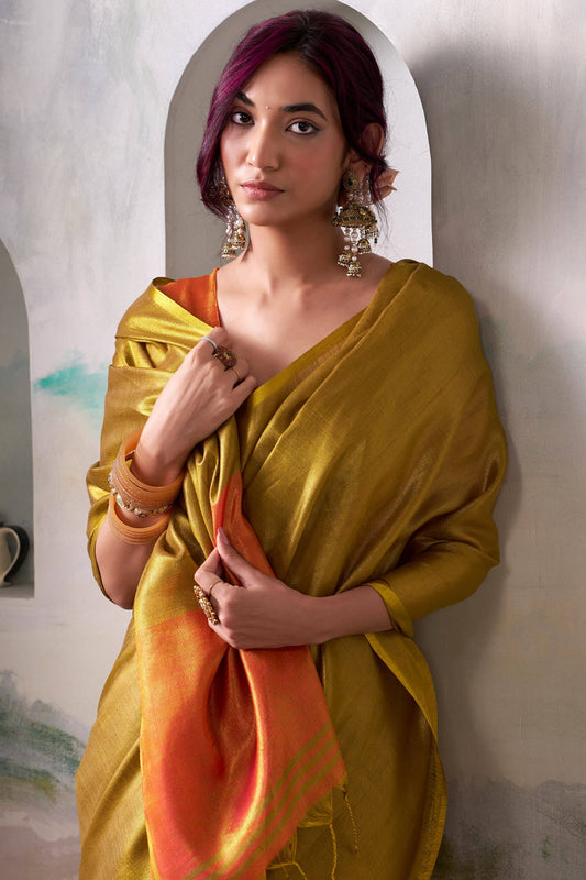 Golden Pure Handloom Tissue Silk Saree – Premium Designer Festive Wear Ensemble