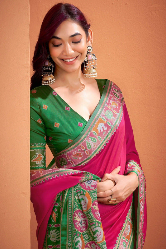 Rani Patola Silk Saree with Traditional Weaving Border – Elegant Festive & Party Wear Saree - House of ViDi