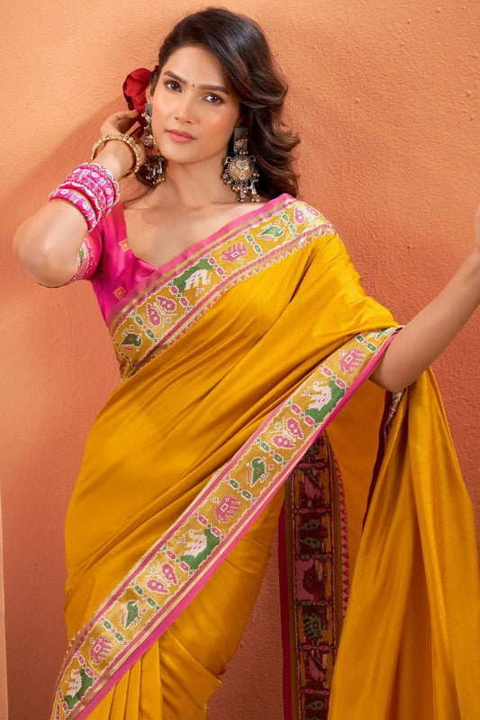 Mustard Patola Silk Saree with Traditional Weaving Border – Elegant Festive & Party Wear Saree - House of ViDi