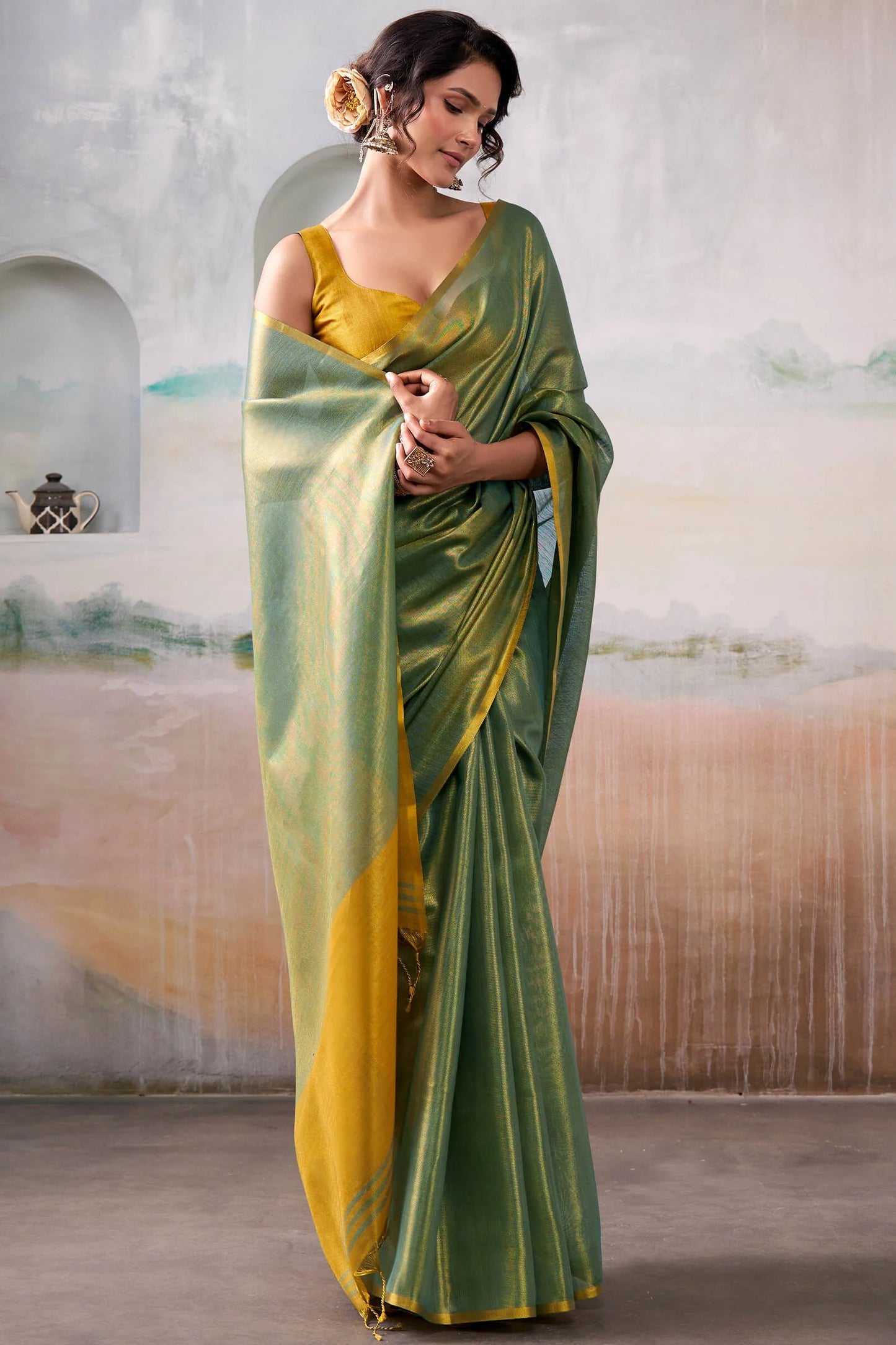 Pista Pure Handloom Tissue Silk Saree – Premium Designer Festive Wear Ensemble