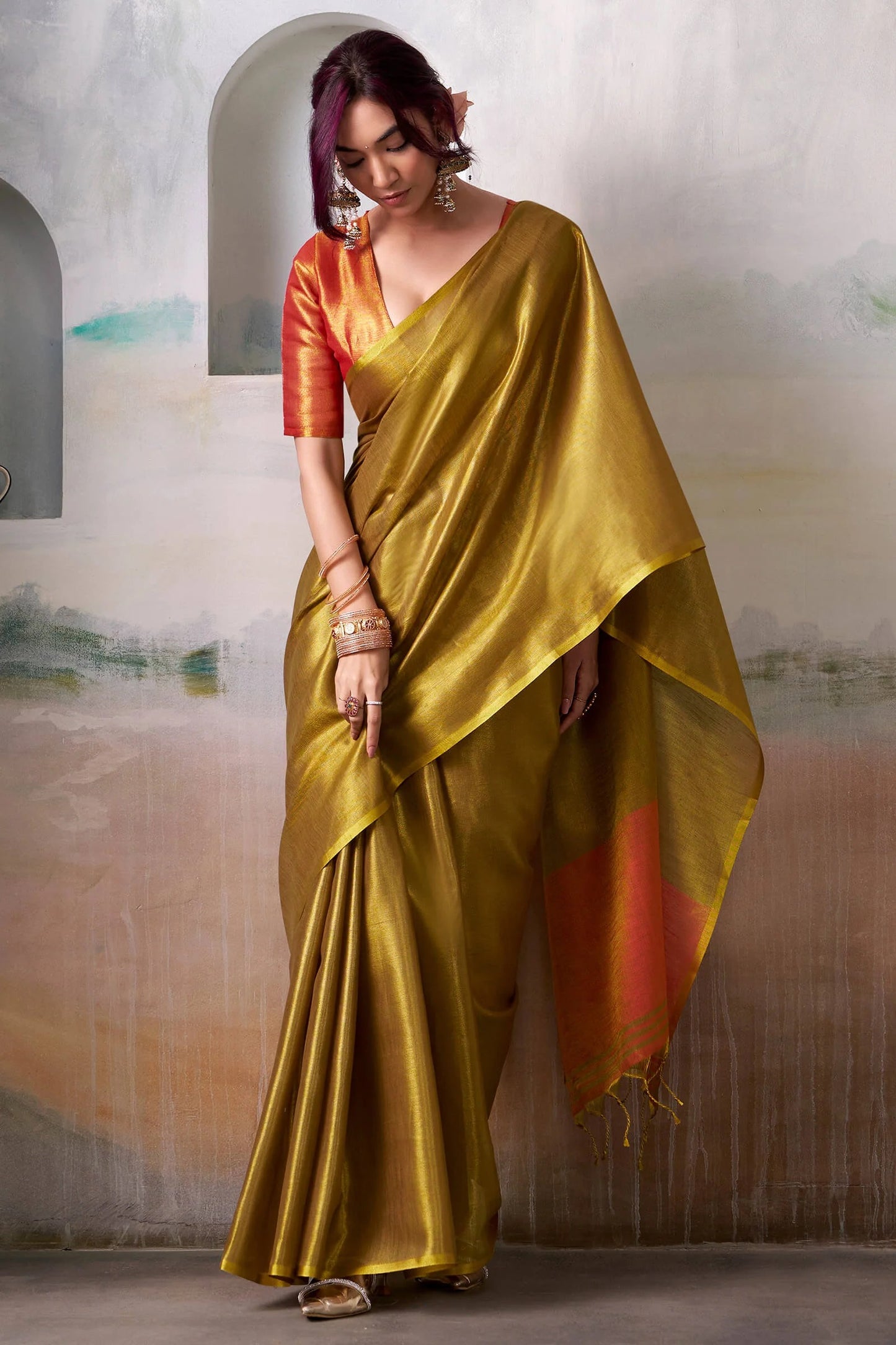 Golden Pure Handloom Tissue Silk Saree – Premium Designer Festive Wear Ensemble