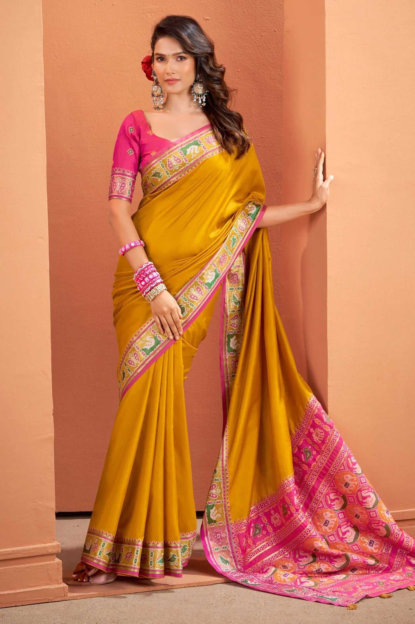 Mustard Patola Silk Saree with Traditional Weaving Border – Elegant Festive & Party Wear Saree