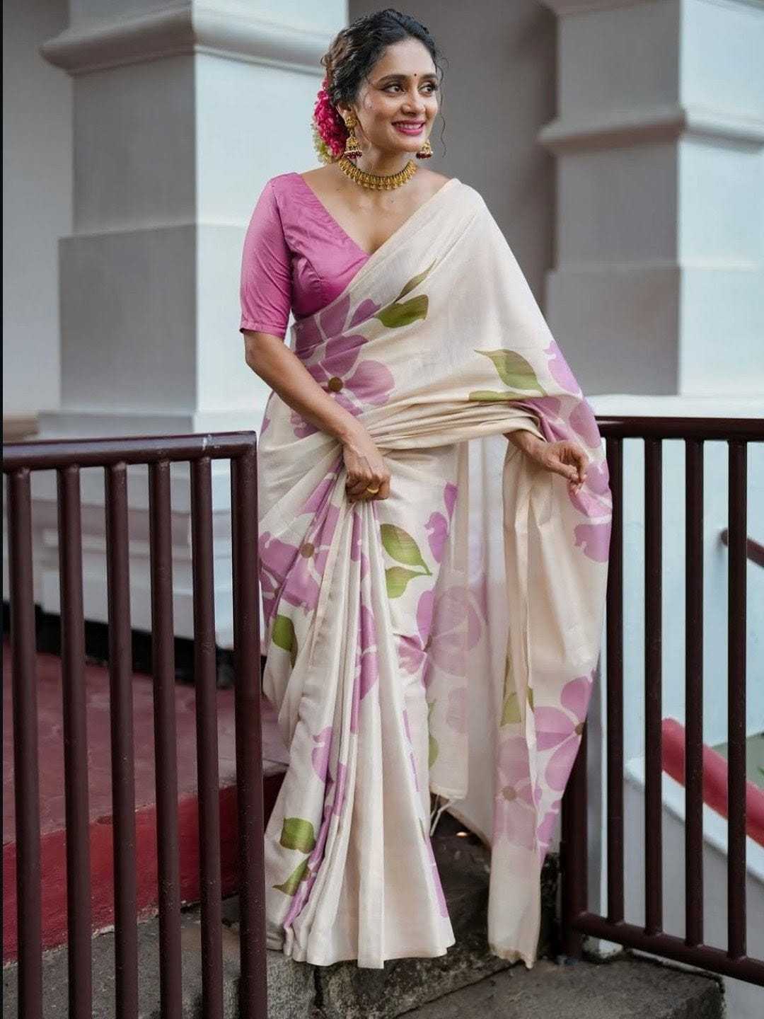 Cream Floral Linen Tissue Silk Saree with Matching Blouse | Elegant Onam & Festival Wear Saree