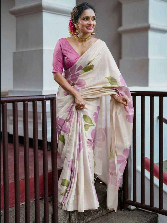 Cream Floral Linen Tissue Silk Saree with Matching Blouse | Elegant Onam & Festival Wear Saree
