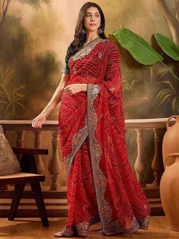 Premium Bandhani Print Georgette Saree with Embroidered Blouse