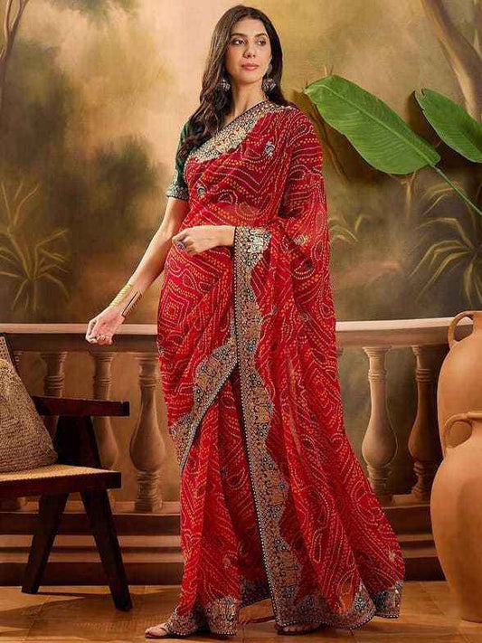 Premium Bandhani Print Georgette Saree with Embroidered Blouse