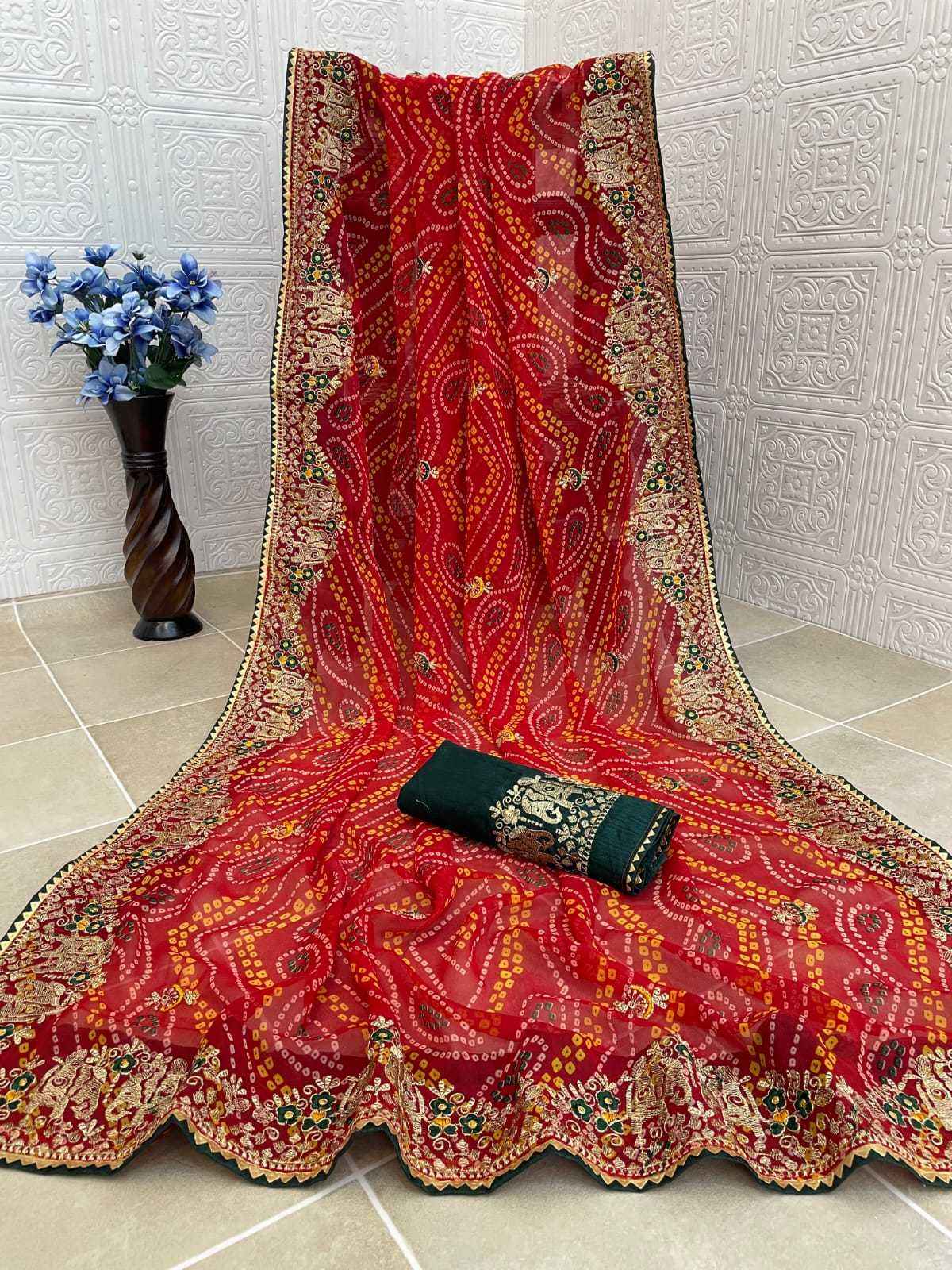 Premium Bandhani Print Georgette Saree with Embroidered Blouse