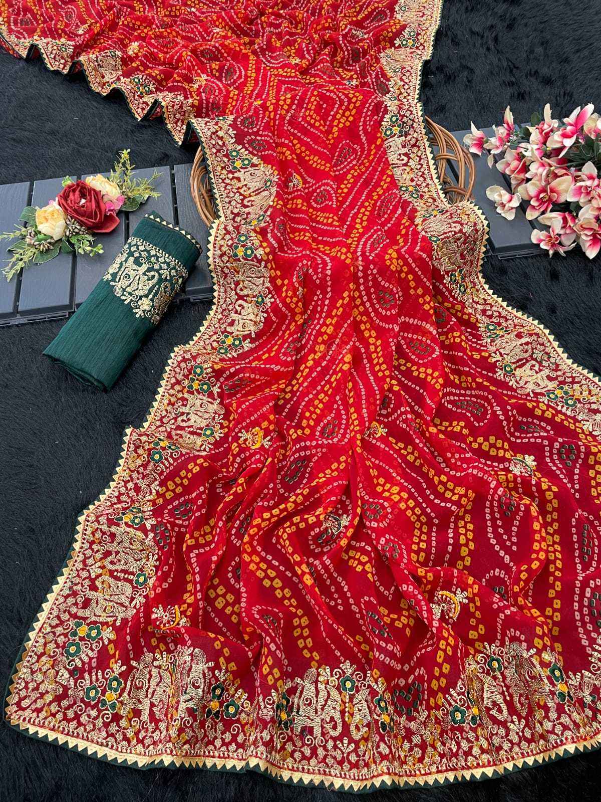Premium Bandhani Print Georgette Saree with Embroidered Blouse
