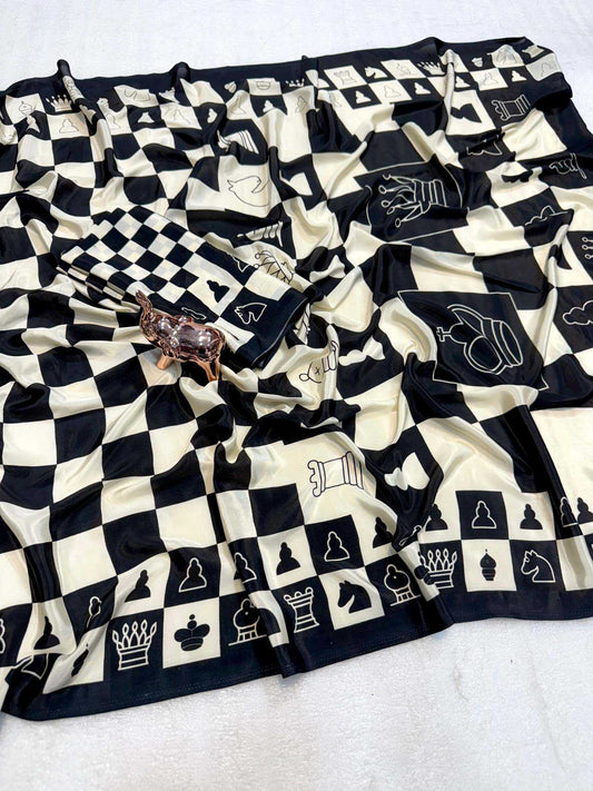 Chess Print Ajrakh Satin Saree with Rich Pallu