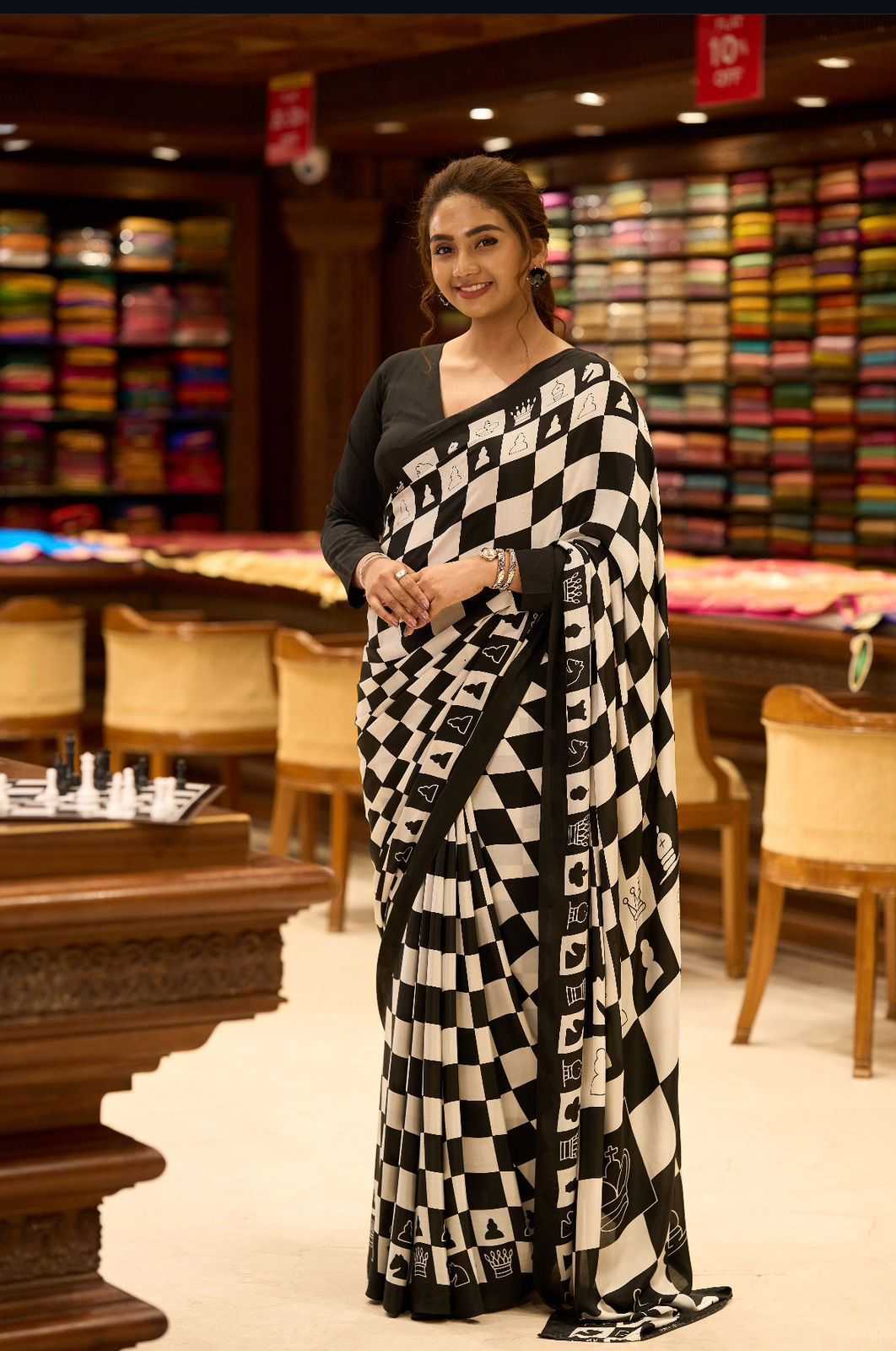 Chess Print Ajrakh Satin Saree with Rich Pallu