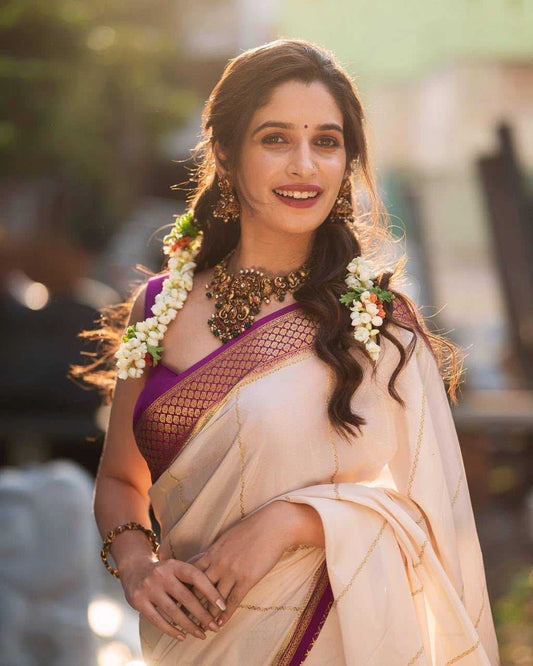 Ivory Art Silk Jacquard Border Saree with Rich Pallu & Contrast Blouse
