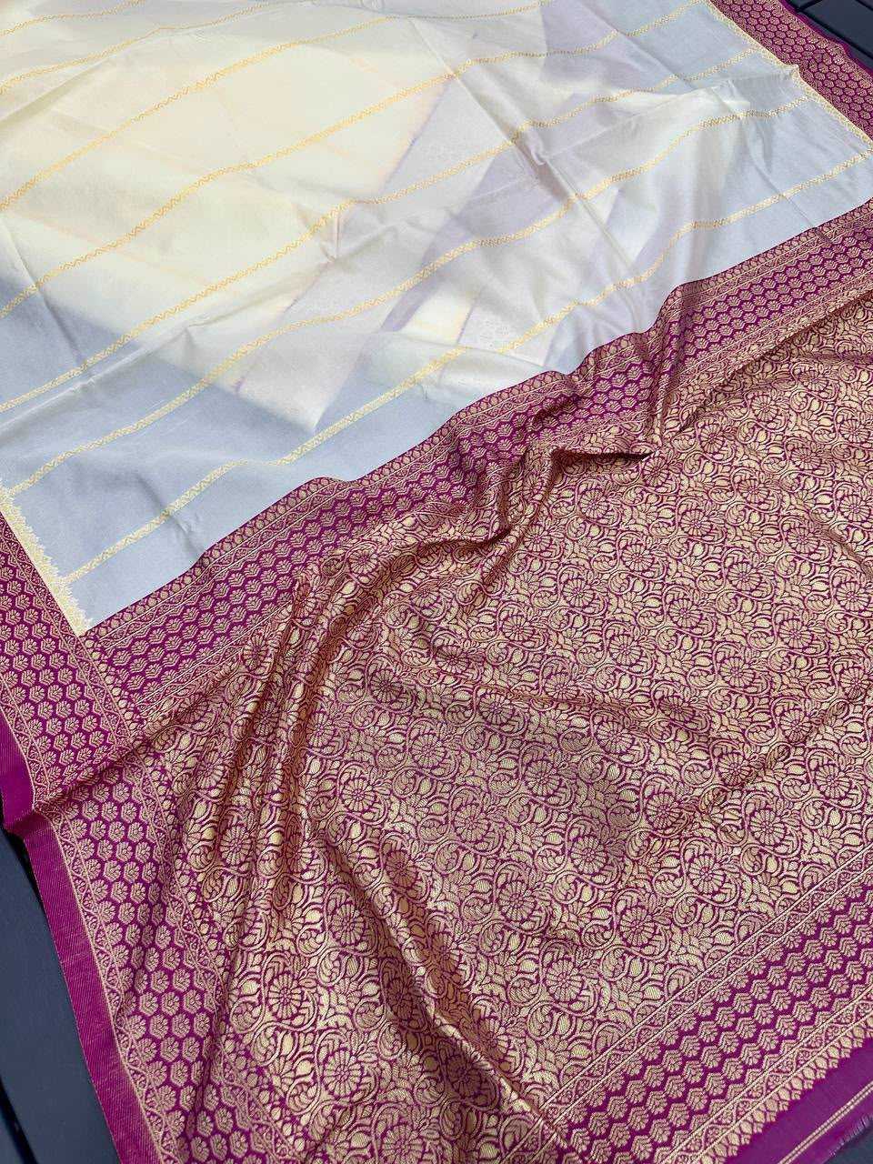 Ivory Art Silk Jacquard Border Saree with Rich Pallu & Contrast Blouse