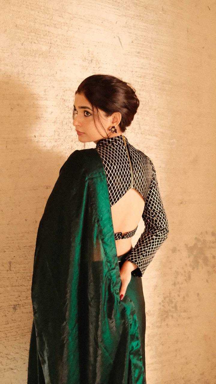 Premium Space Silk Saree with Geometric Embroidered Blouse