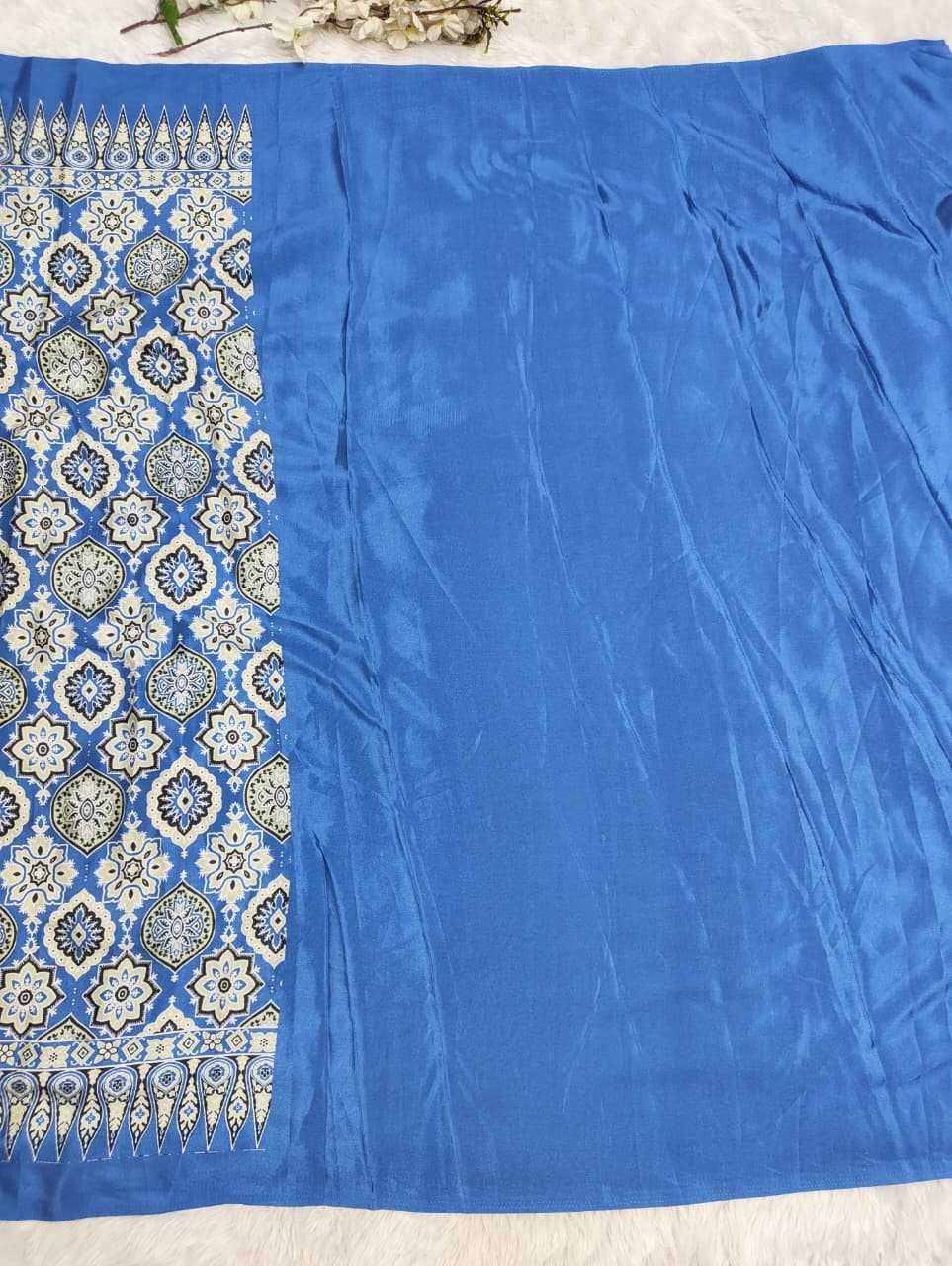 Blue Premium Soft Crepe Silk Saree with Hand Mirror Work & Printed Blouse