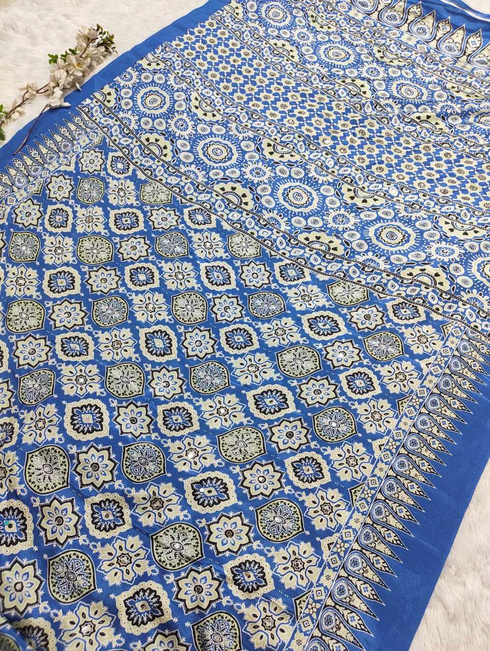 Blue Premium Soft Crepe Silk Saree with Hand Mirror Work & Printed Blouse